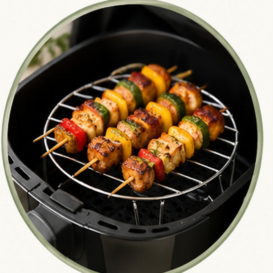 Air fryer accessory set rack and skewers in use