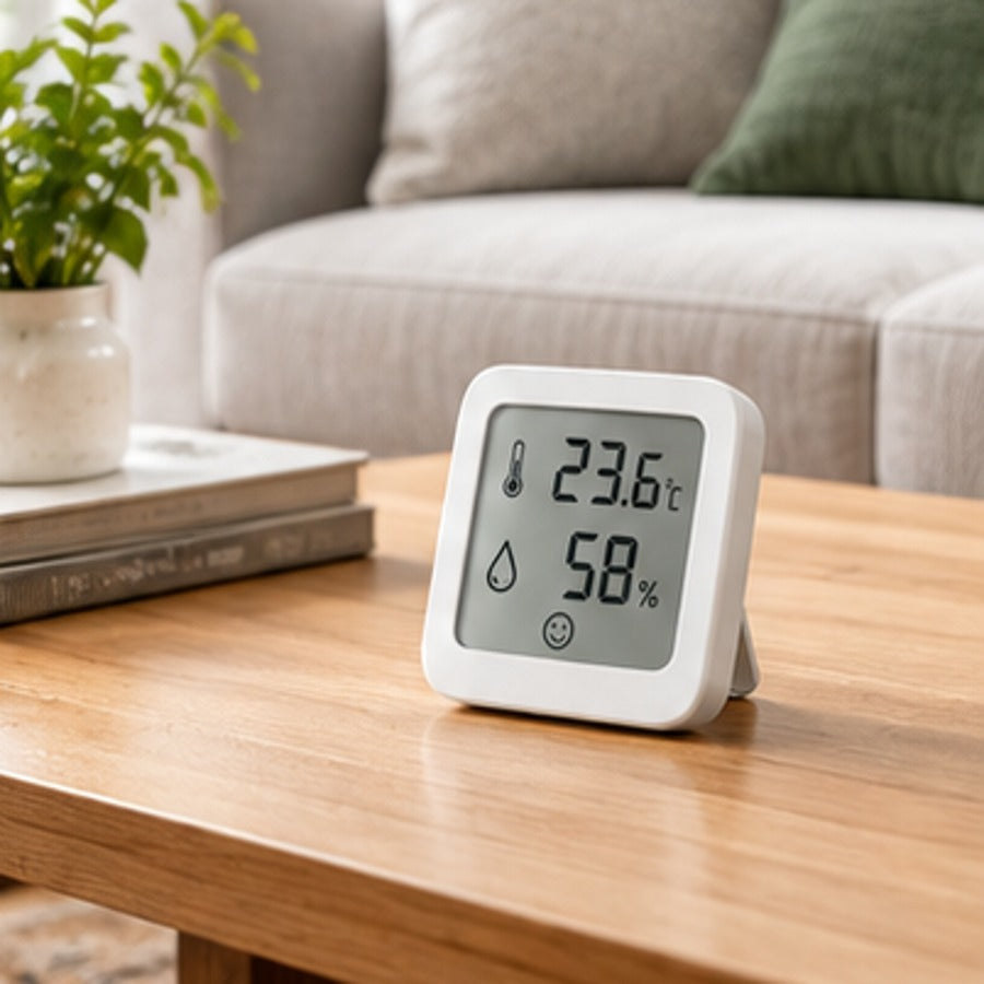 Compact digital temperature and humidity meter in living space