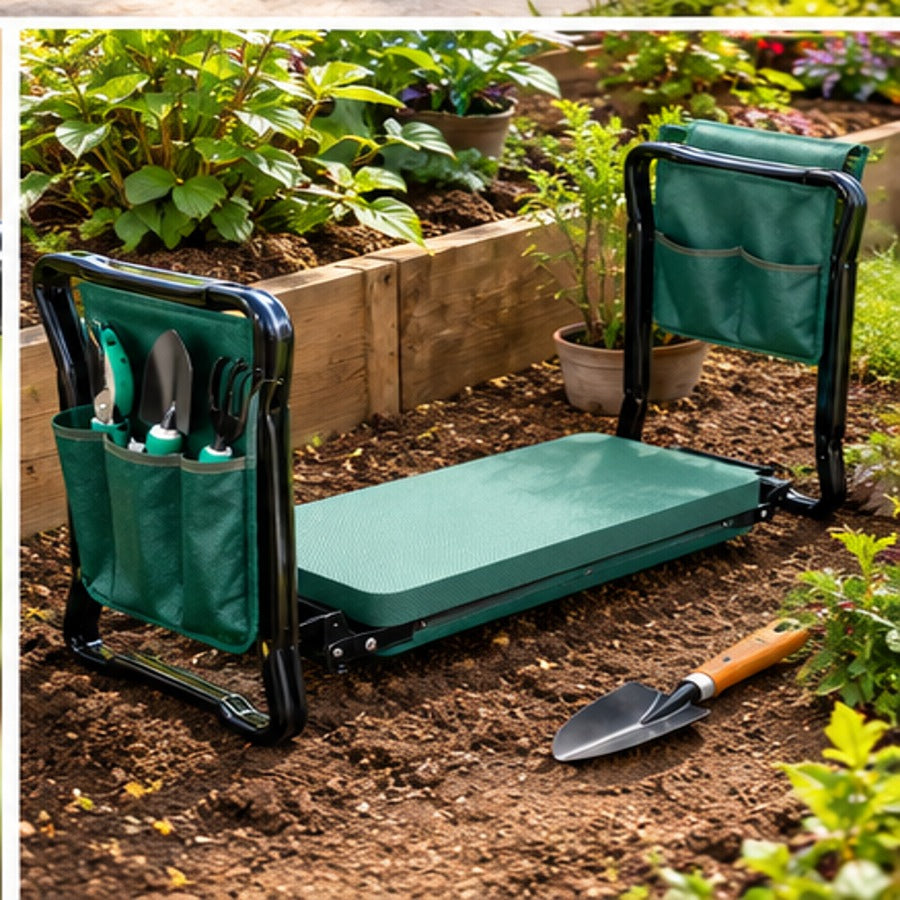 Folding garden kneeler seat used beside garden bed