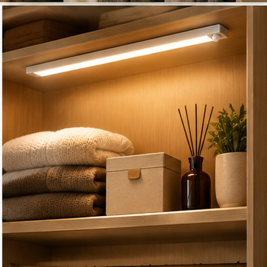 Motion sensor cabinet lights illuminating storage