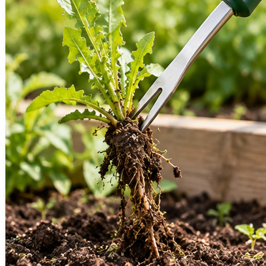 Multi-purpose garden weeder removing a rooted weed