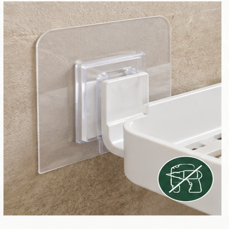 No-drill bathroom shelf adhesive mount