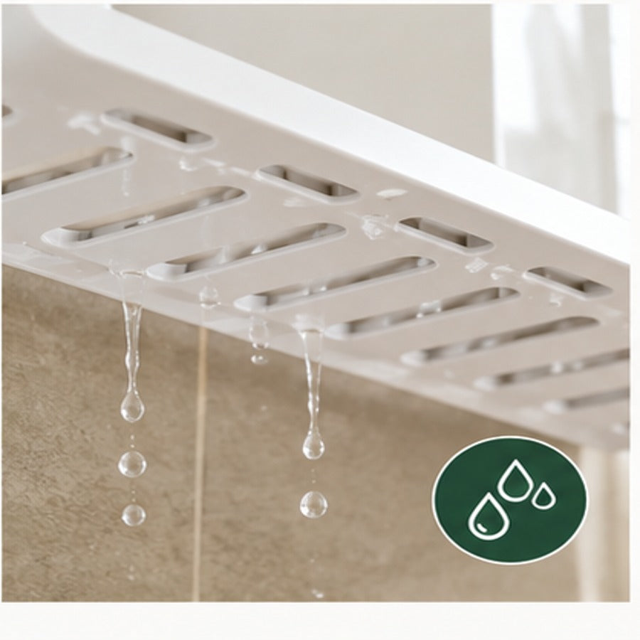 No-drill bathroom shelf drainage slots