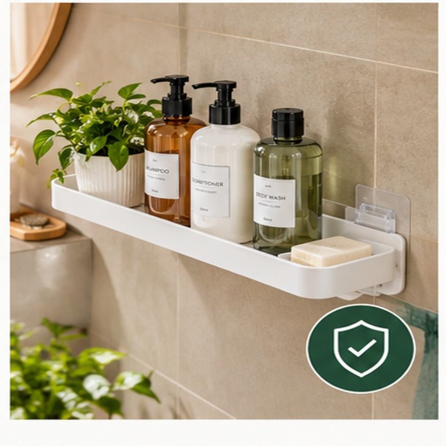 No-drill bathroom shelf in use